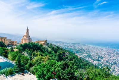 Basilica of Saint Paul near Beirut and view from Mount Harissa to the city