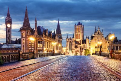 Saint Bavo Cathedral in Ghent with night illumination