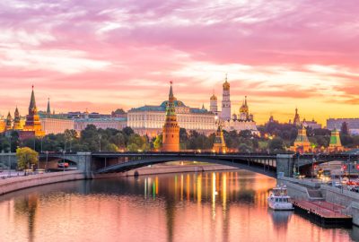 Sunset view of the towers of the Moscow Kremlin from the Moscow River