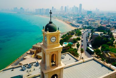 Church Jaffa and skyline Tel Aviv in the backdrop