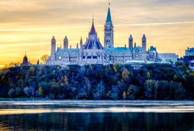 The buildings of the Canadian Parliament on Parliament Hill in Ottawa at sunset