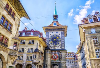 The medieval Zytglogge tower with the astronomical clock in the Old Town of Bern