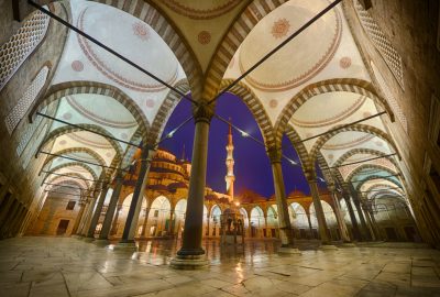 Inner court of the Blue Mosque beautifully illuminated by night