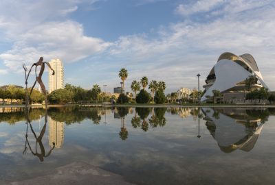 View from water at Palau de les Arts Reina Sofia and Turia Gardens in Valencia