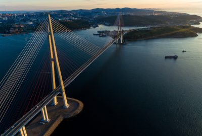 Aerial view by evening of Russky Bridge in Vladivostok
