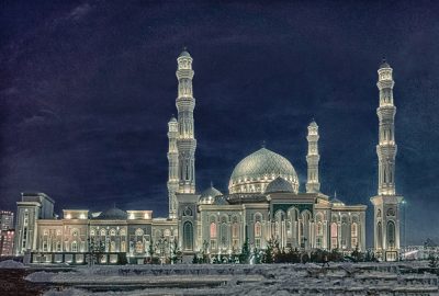 The Hazrat Sultan Mosque, on Astana's Independence Square by night